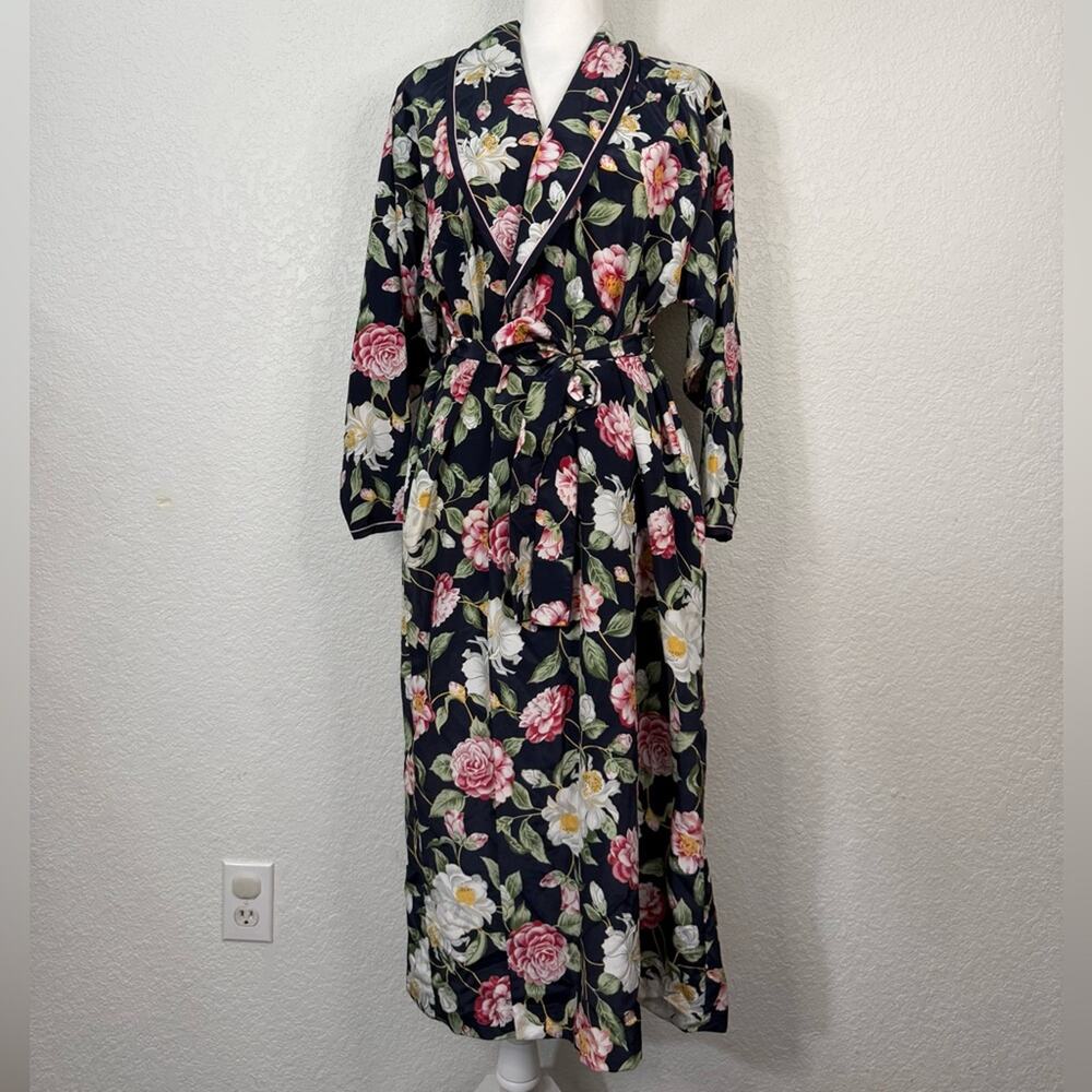 Vintage Miss Dior Navy and Pink Floral Satin Robe Made in USA Union Made